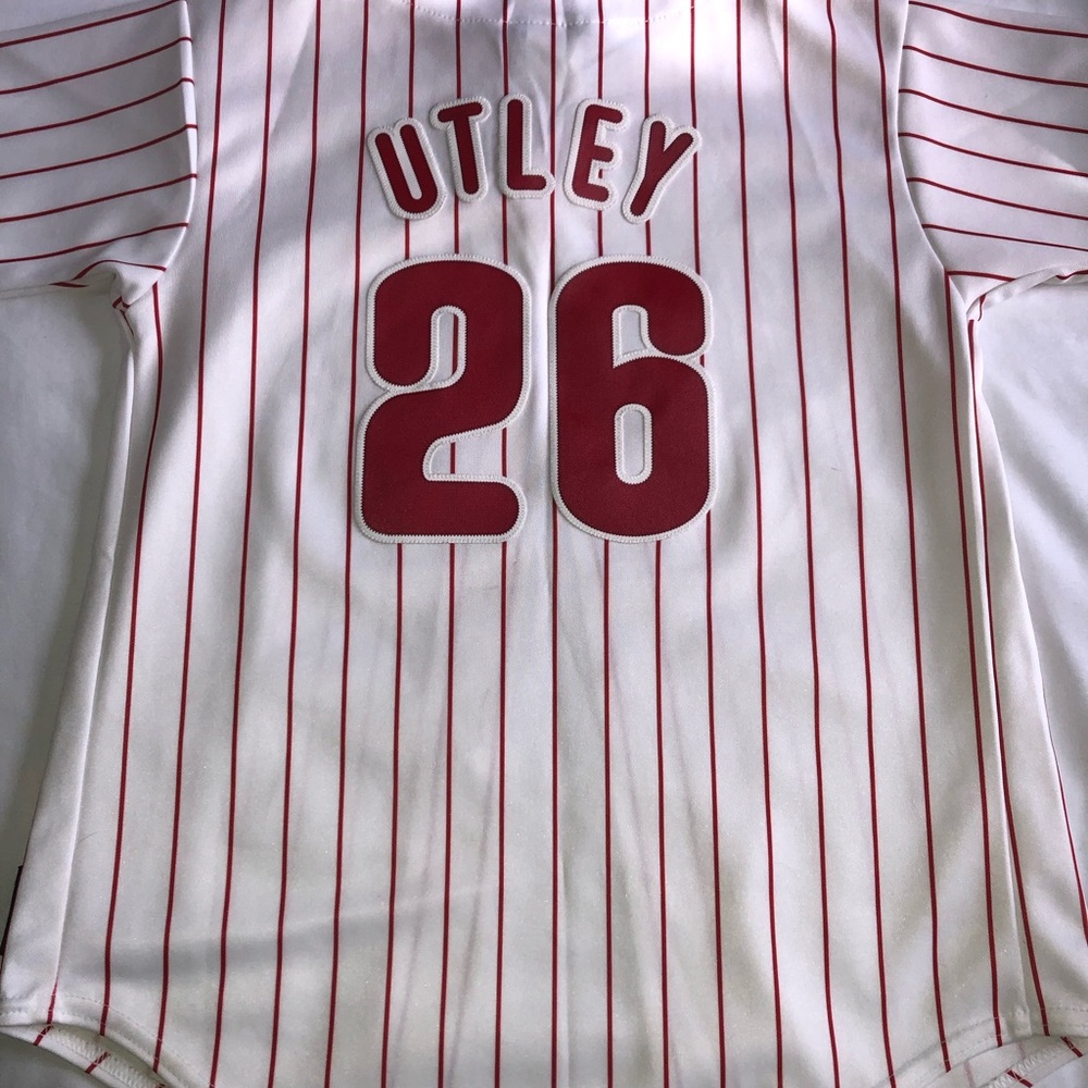 Philadelphia Phillies vintage Chase Utley World Series white striped baseball
